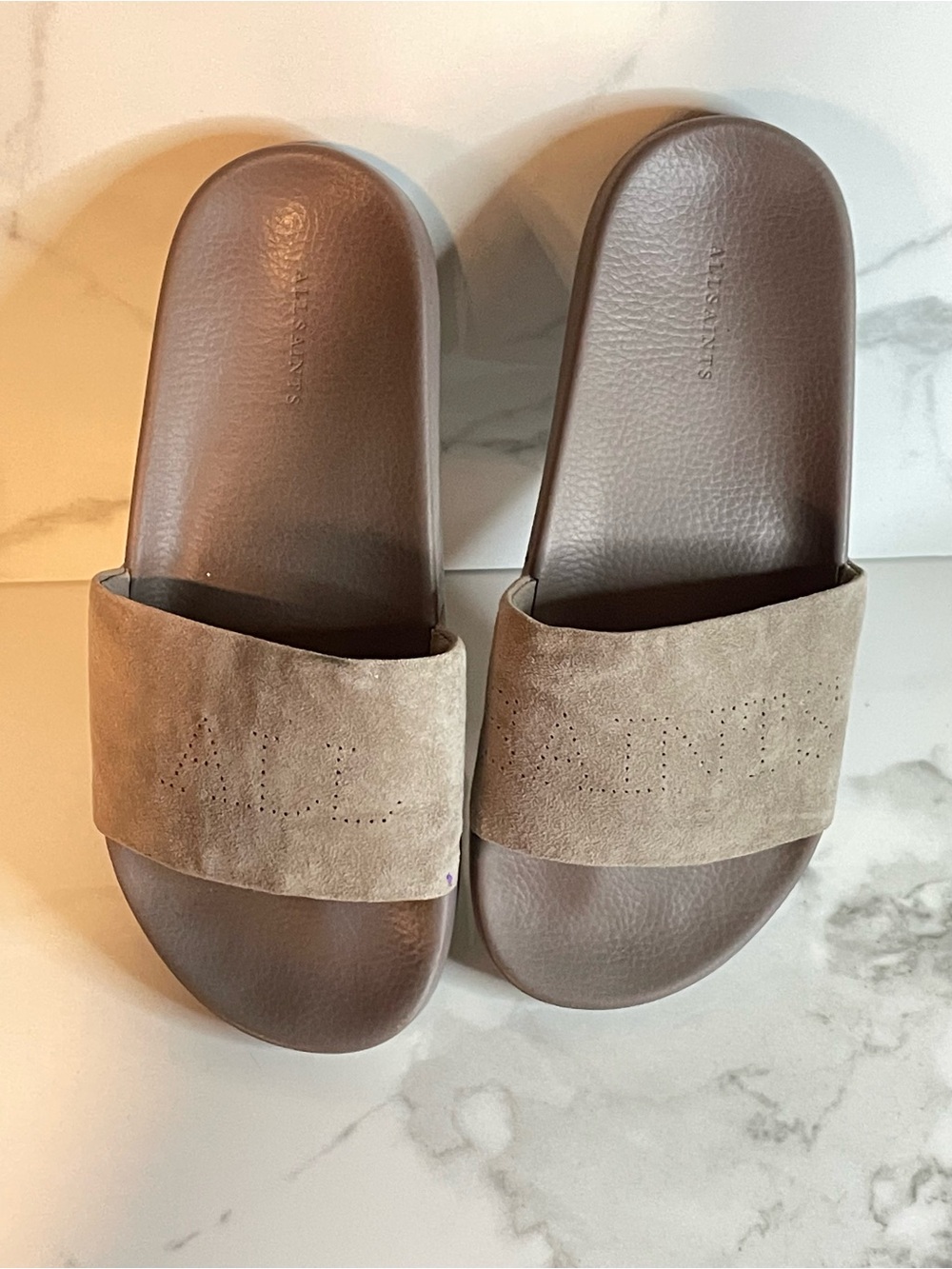 ALLSAINTS Suede Slide Sandals in Taupe - Women's Casual Slip-Ons